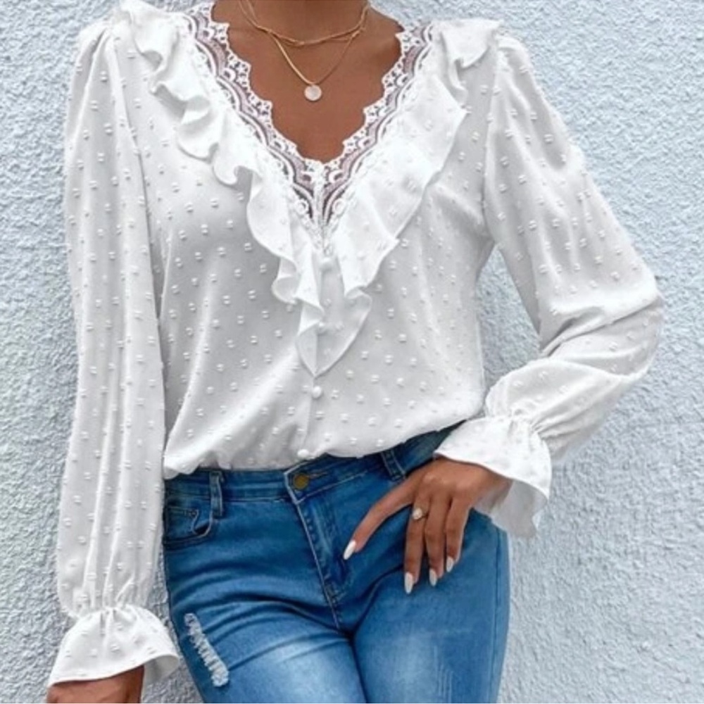 Boho Swiss Dot Lace Ruffle Blouse XS S M L